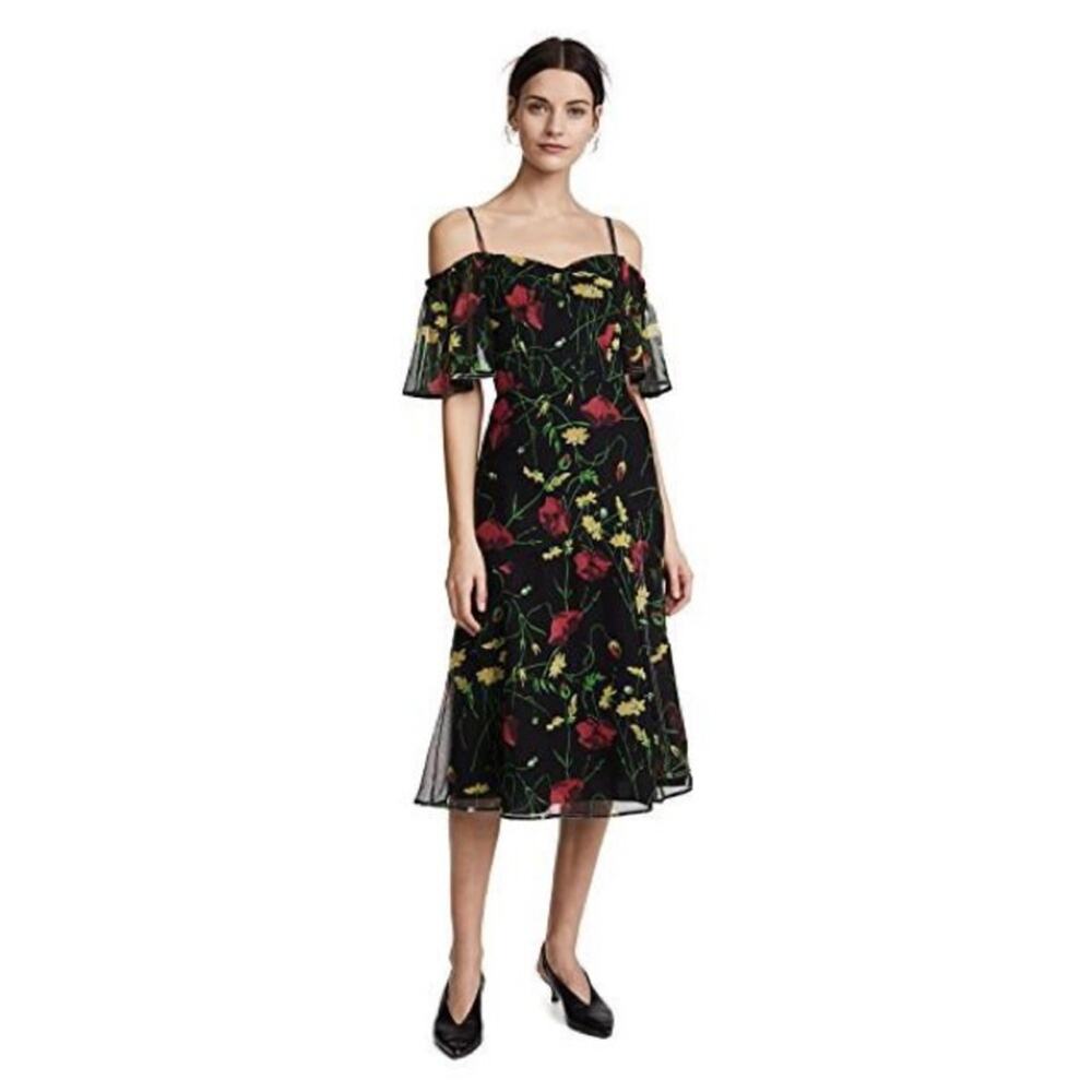 Jason Wu Grey Silk Chiffon Off Shoulder Dress Floral Black Multi Midi 2 GUC